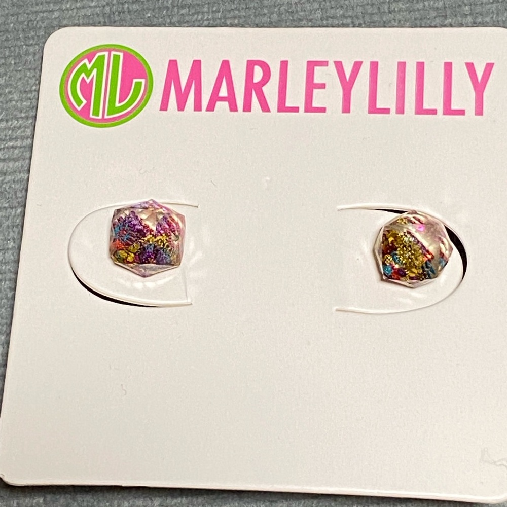 MarkeyLilly crystal glitter earrings NWT on package, studs, surgical steel posts
